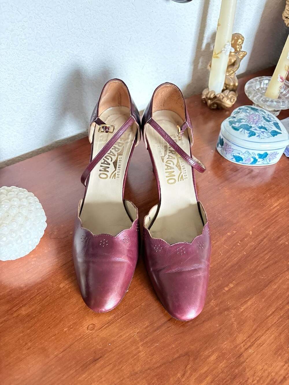 Salvatore Ferragamo Heels Size 6 B Burgundy Leather Ankle Strap